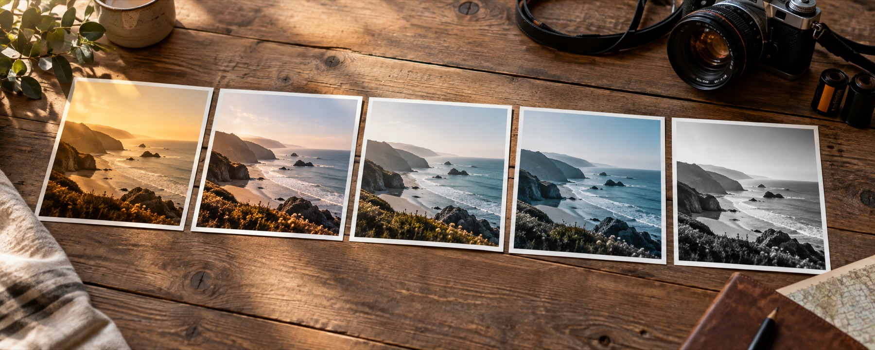 A coastal photograph, shown under three of the site's colour looks.